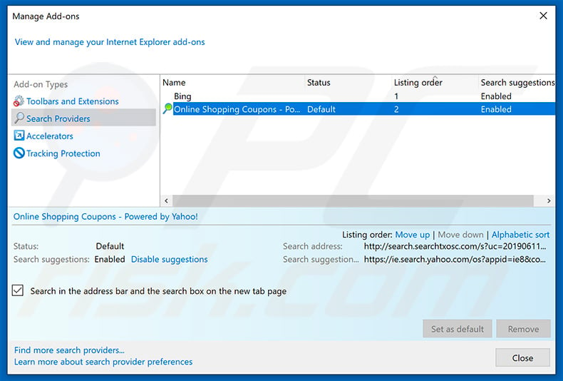 Removing search.searchtxosc.com from Internet Explorer default search engine