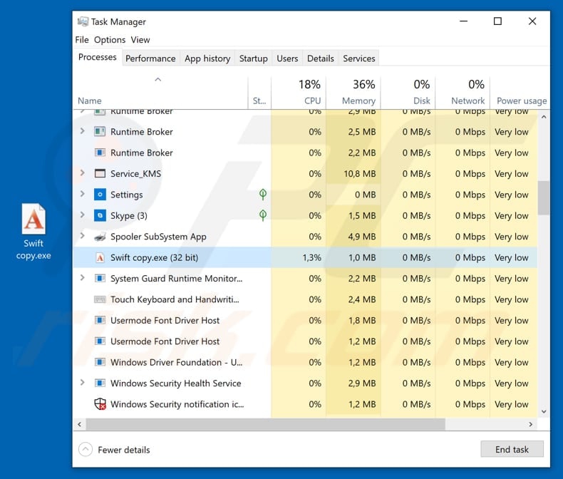 Malicious process running in the Task Manager by the name Swift copy.exe