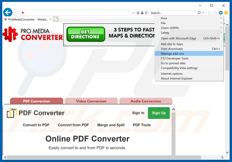 Removing ProMediaConverter ads from Internet Explorer step 1