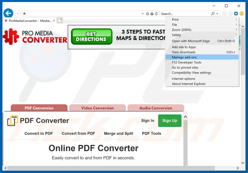 Removing ProMediaConverter ads from Internet Explorer step 1