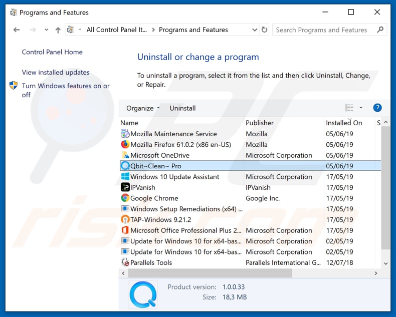 QBIT Clean Pro unwanted application uninstall via Control Panel