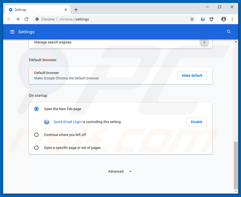 Removing search.hquickemaillogin.net from Google Chrome homepage