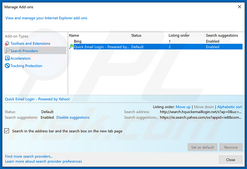Removing search.hquickemaillogin.net from Internet Explorer default search engine