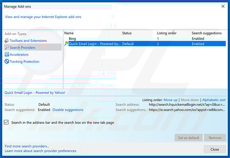Removing search.hquickemaillogin.net from Internet Explorer default search engine