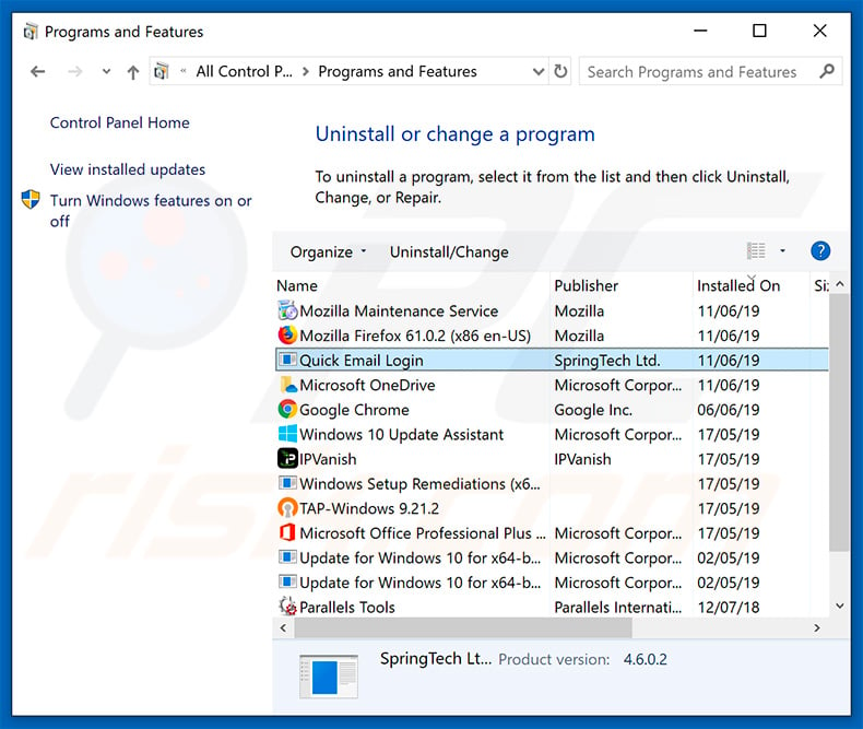 search.hquickemaillogin.net browser hijacker uninstall via Control Panel