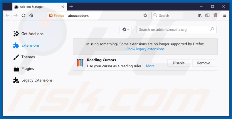 Removing Reading Cursors ads from Mozilla Firefox step 2