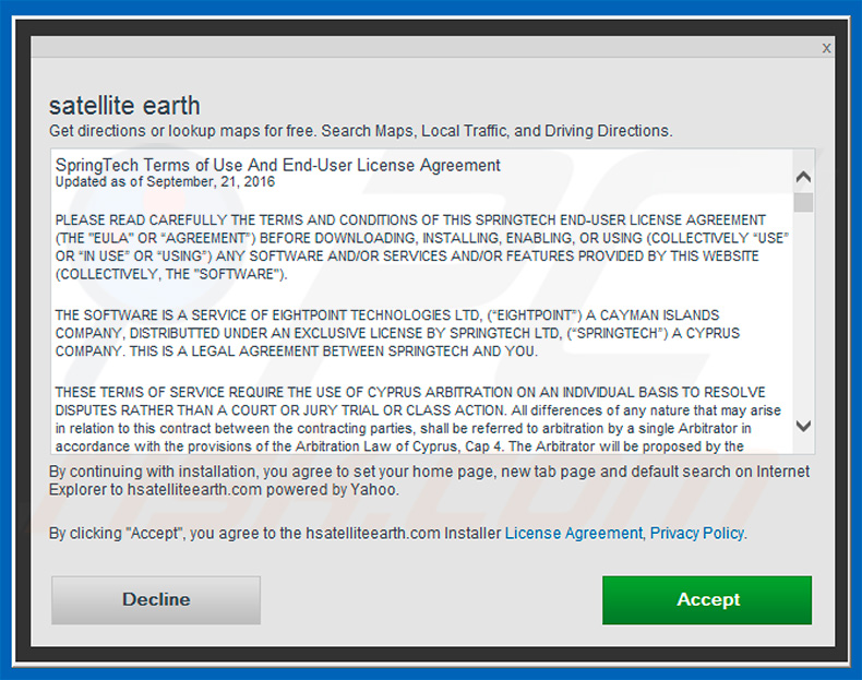 Official Sattelite Earth browser hijacker installation setup