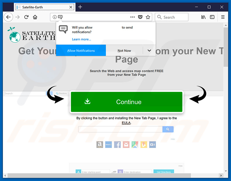 Website used to promote Sattelite Earth browser hijacker asks to enable browser notifications