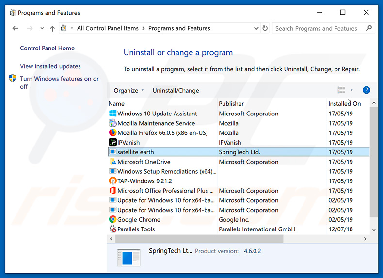 search.hsatteliteearth.com browser hijacker uninstall via Control Panel