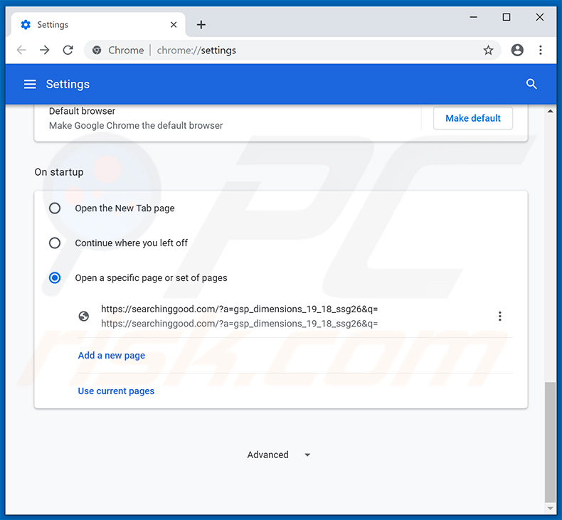 Removing searchinggood.com from Google Chrome homepage
