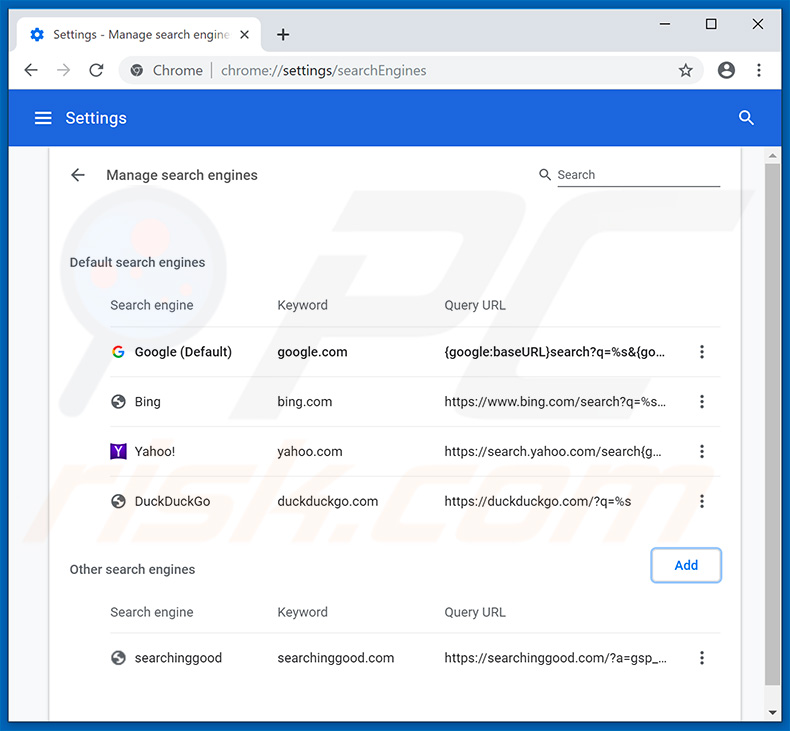 Removing searchinggood.com from Google Chrome default search engine