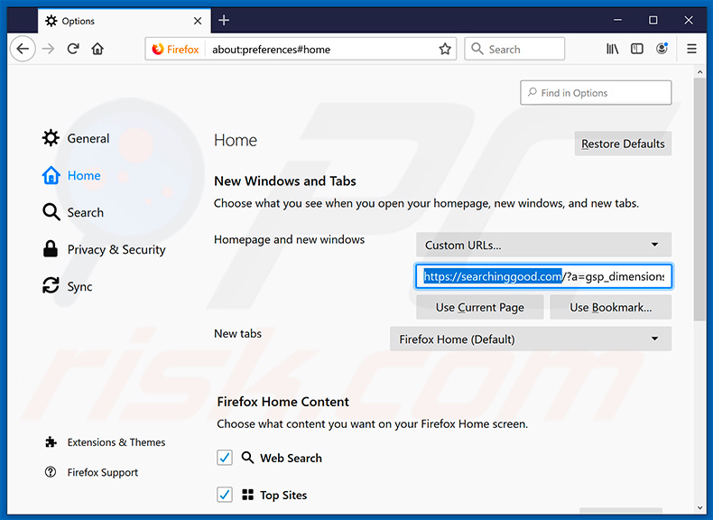 Removing searchinggood.com from Mozilla Firefox homepage