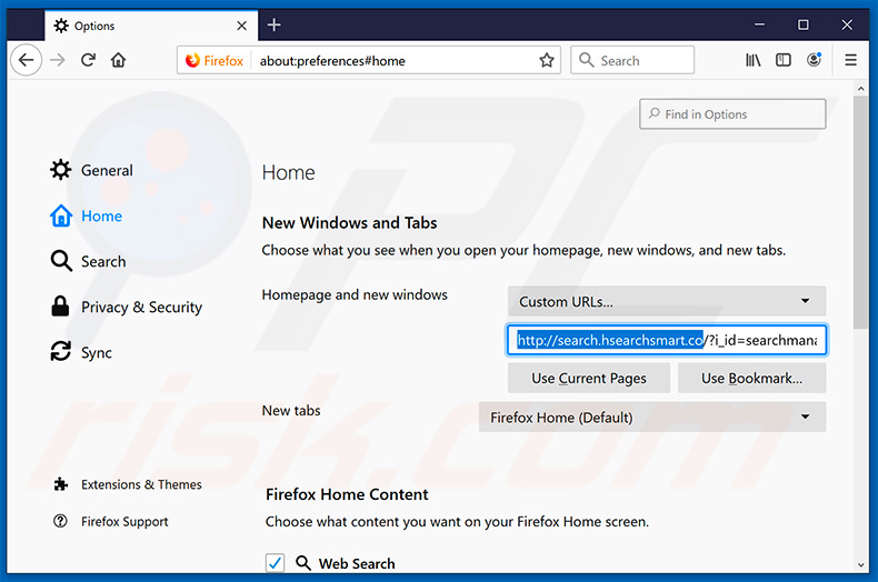 Removing search.hsearchsmart.co from Mozilla Firefox homepage