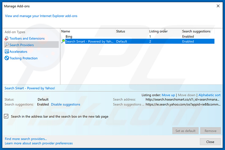 Removing search.hsearchsmart.co from Internet Explorer default search engine
