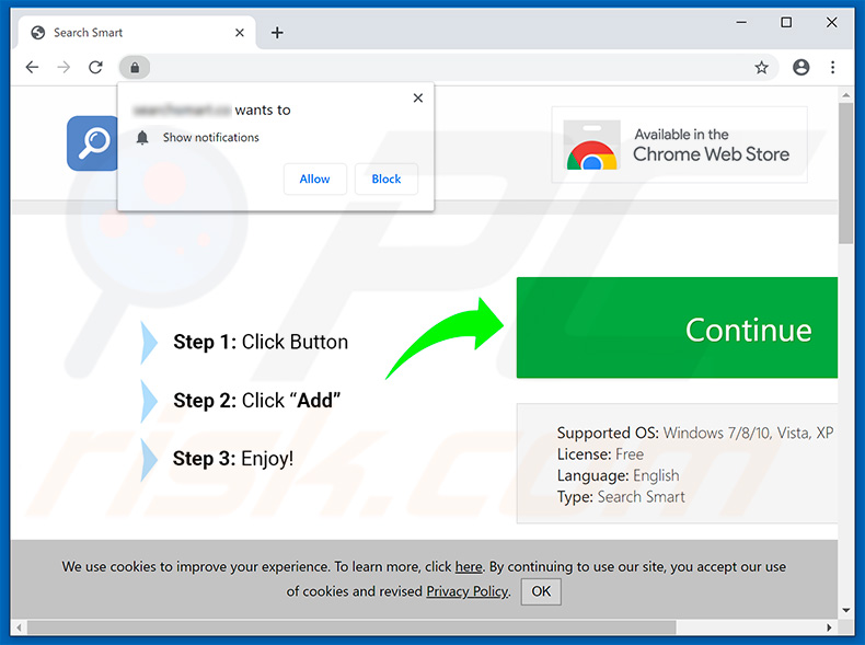 Smart Search browser hijacker website asking to enable browser notifications