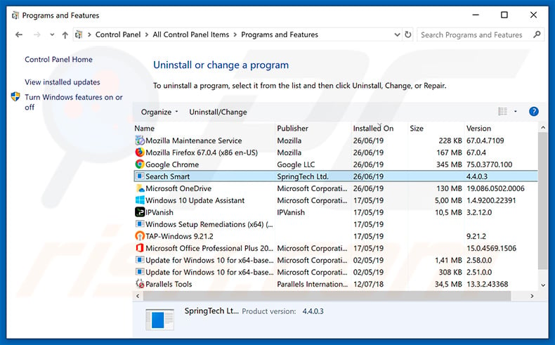 search.hsearchsmart.co browser hijacker uninstall via Control Panel