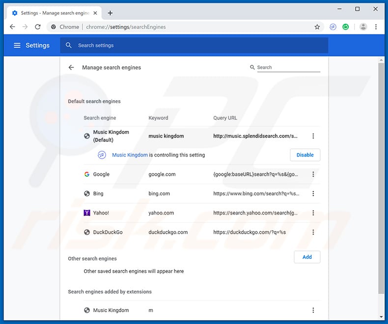 Removing splendidsearch.com from Google Chrome default search engine