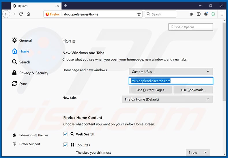 Removing splendidsearch.com from Mozilla Firefox homepage