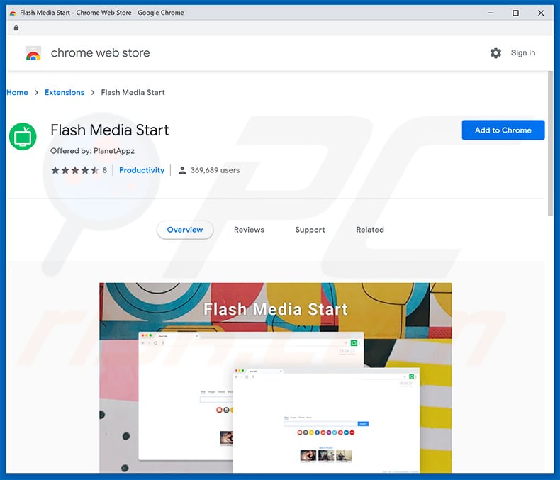 Flash Media Start browser hijacker in Google Chrome Web Store