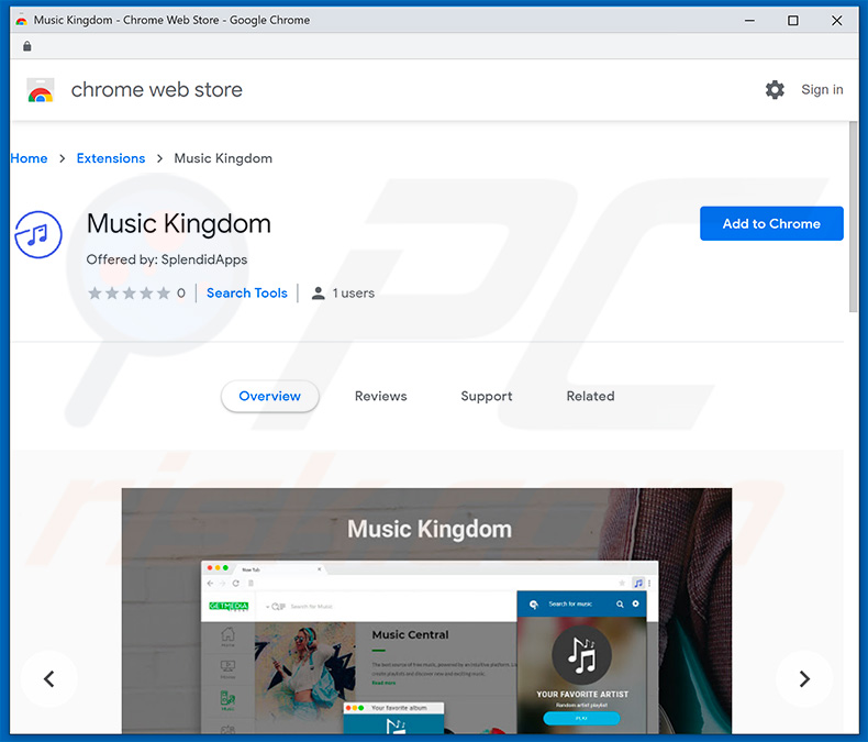 Music Kingdom browser hijacker in Google Chrome Web Store