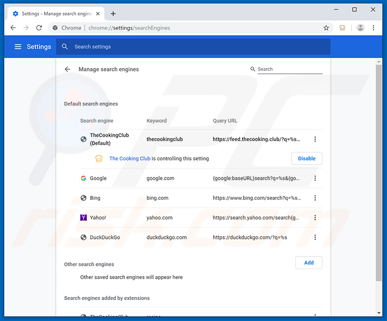 Removing feed.thecooking.club from Google Chrome default search engine