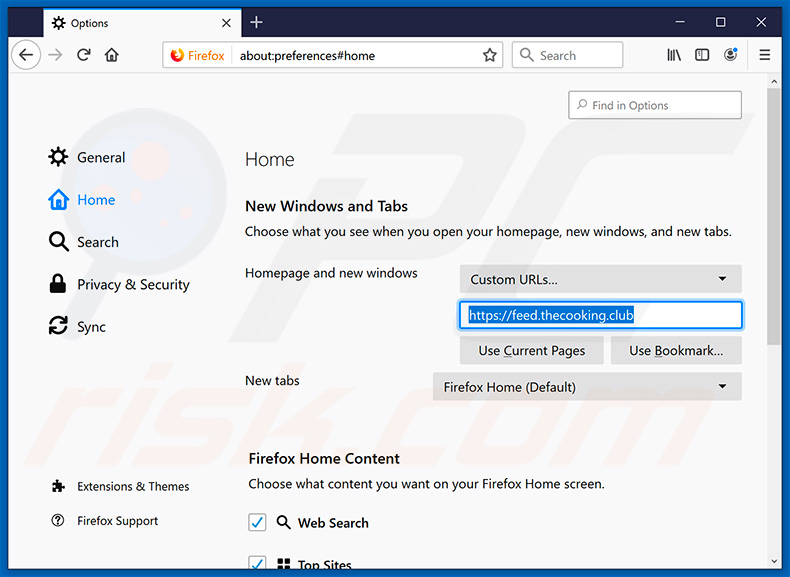 Removing feed.thecooking.club from Mozilla Firefox homepage