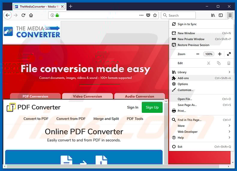 Removing TheMediaConverter Promos ads from Mozilla Firefox step 1