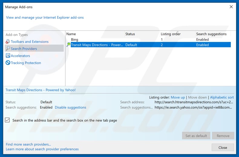 Removing search.htransitmapsdirections.com from Internet Explorer default search engine