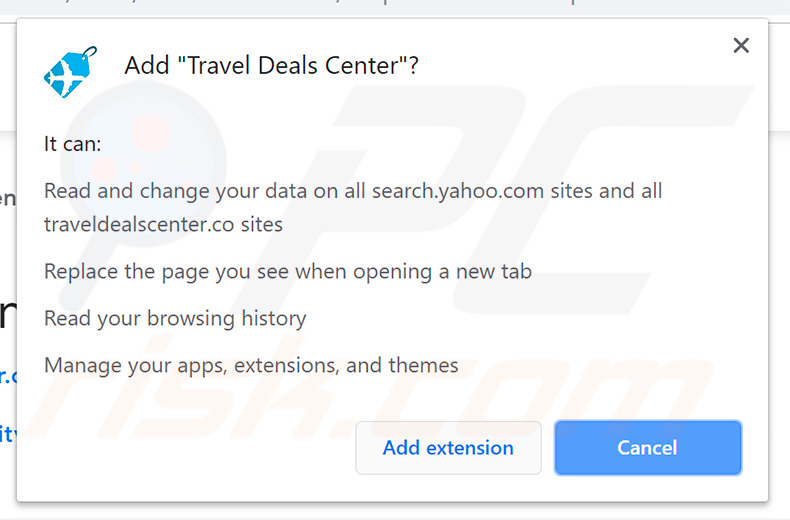 Official Travel Deals Center browser hijacker addon permissions