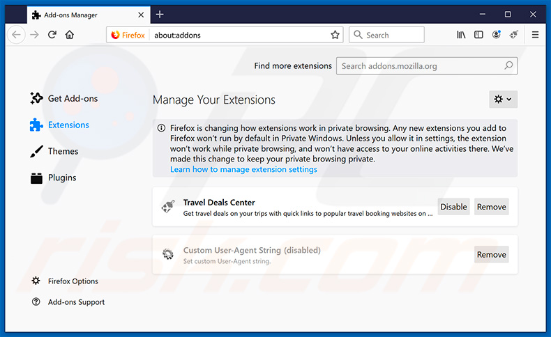 Removing traveldealscenter.co related Mozilla Firefox extensions