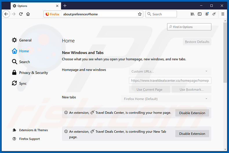 Removing traveldealscenter.co from Mozilla Firefox homepage