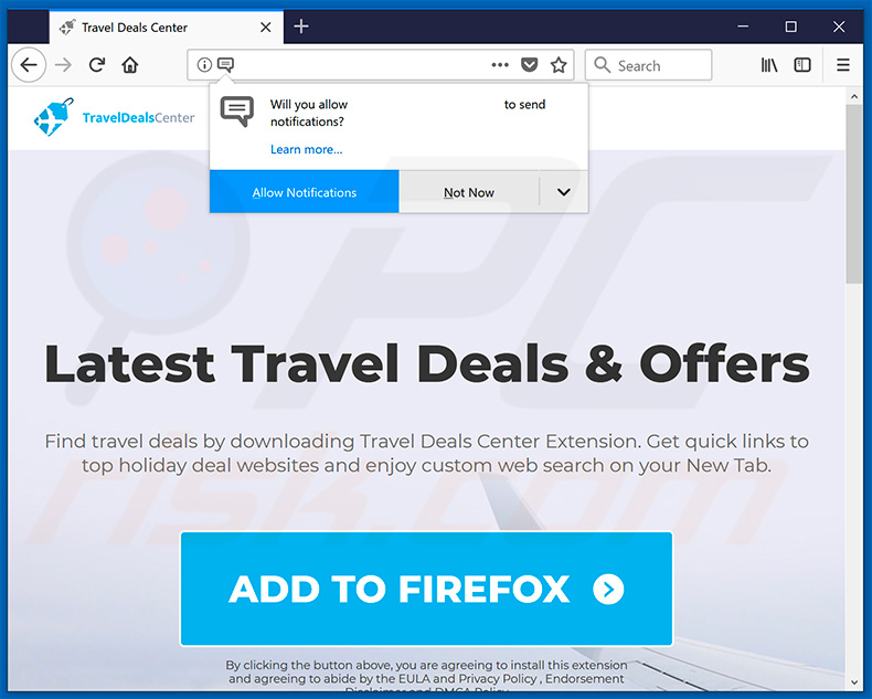 Travel Deals Center browser hijacking promoting website