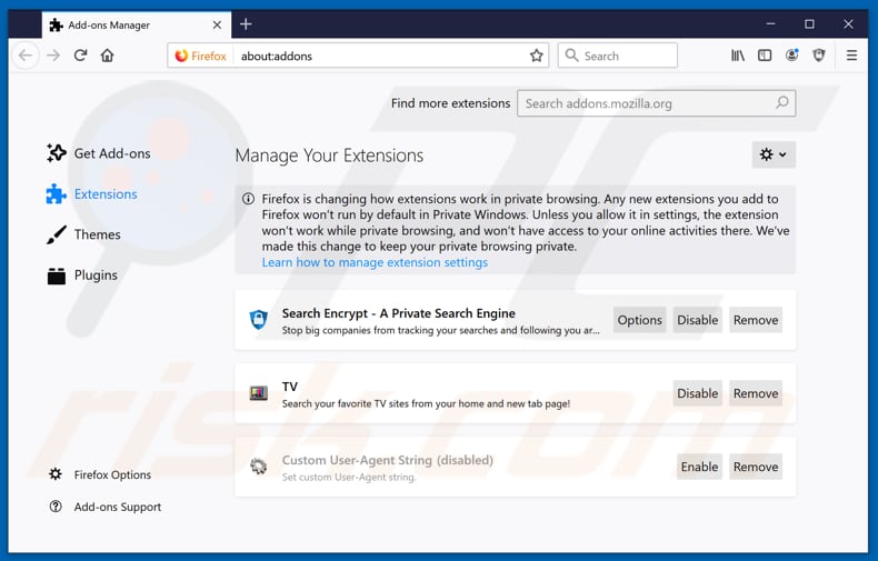 Removing search.hwatchyourtvshowsnow.com related Mozilla Firefox extensions