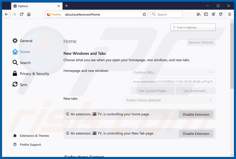 Removing search.hwatchyourtvshowsnow.com from Mozilla Firefox homepage