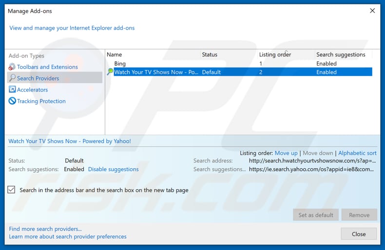 Removing search.hwatchyourtvshowsnow.com from Internet Explorer default search engine