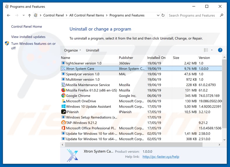 Xtron System Care adware uninstall via Control Panel