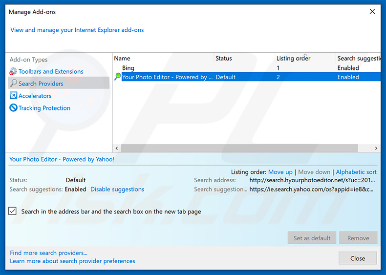 Removing search.hyourphotoeditor.net from Internet Explorer default search engine