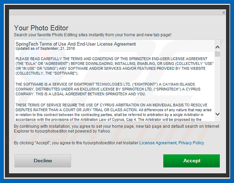 Official Your Photo Editor browser hijacker installation setup
