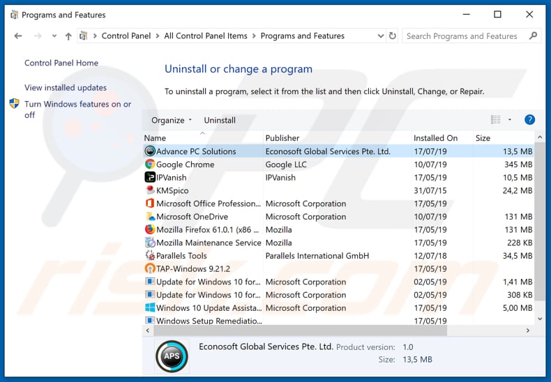 Advance PC Solutions adware uninstall via Control Panel