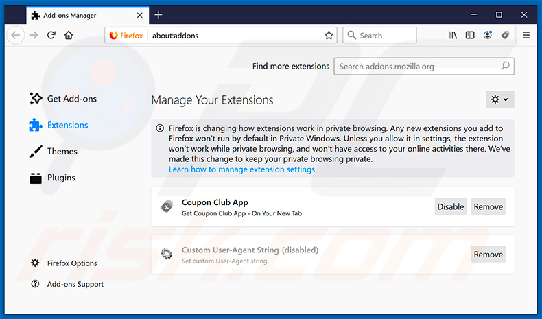 Removing couponclubapp.co related Mozilla Firefox extensions