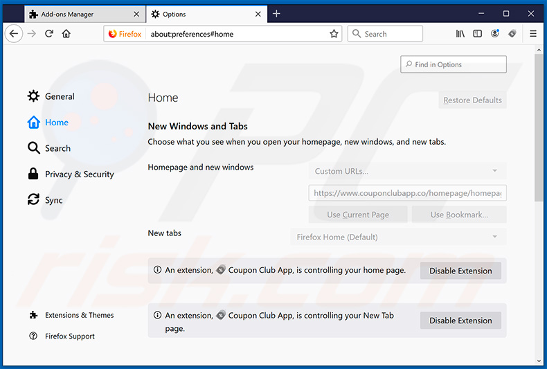 Removing couponclubapp.co from Mozilla Firefox homepage