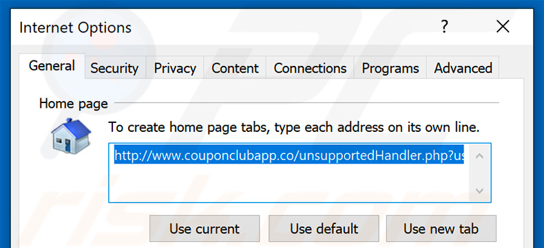 Removing couponclubapp.co from Internet Explorer homepage