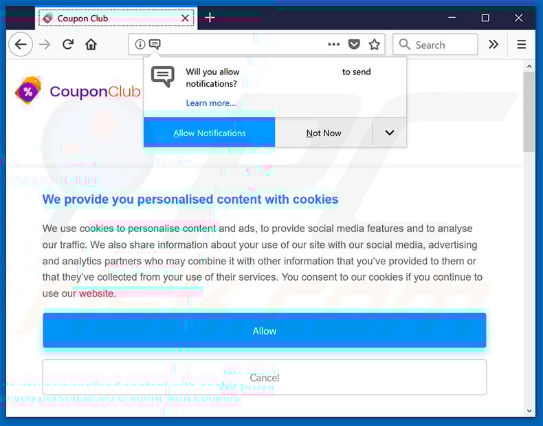 Coupon Club website browser notifications