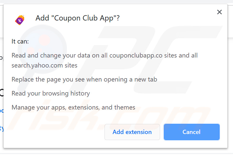 Official Coupon Club browser hijacker asking for permissions