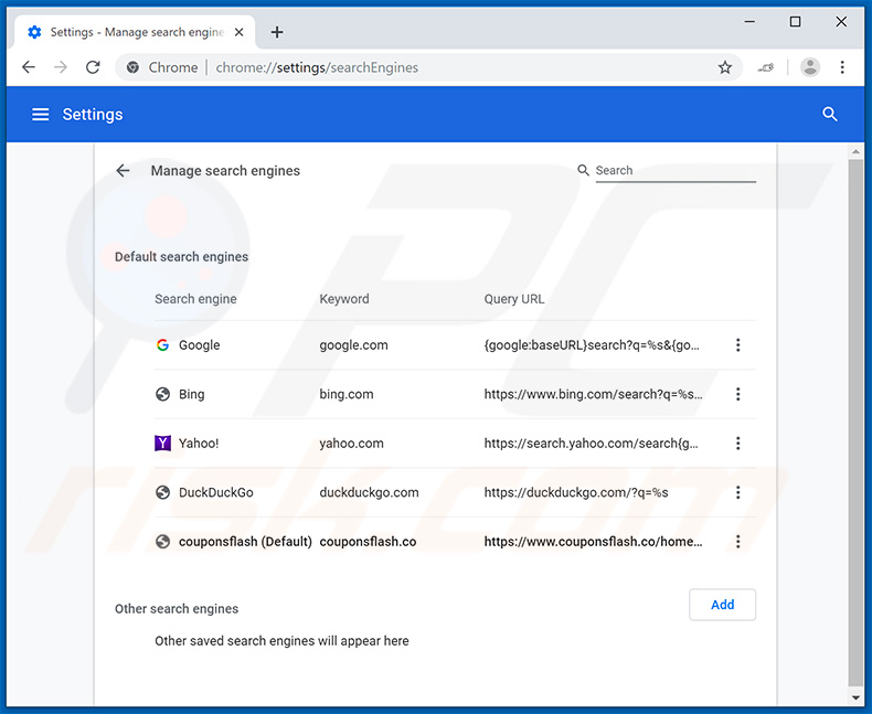 Removing couponsflash.co from Google Chrome default search engine
