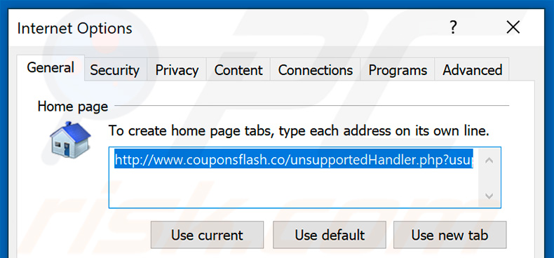 Removing couponsflash.co from Internet Explorer homepage