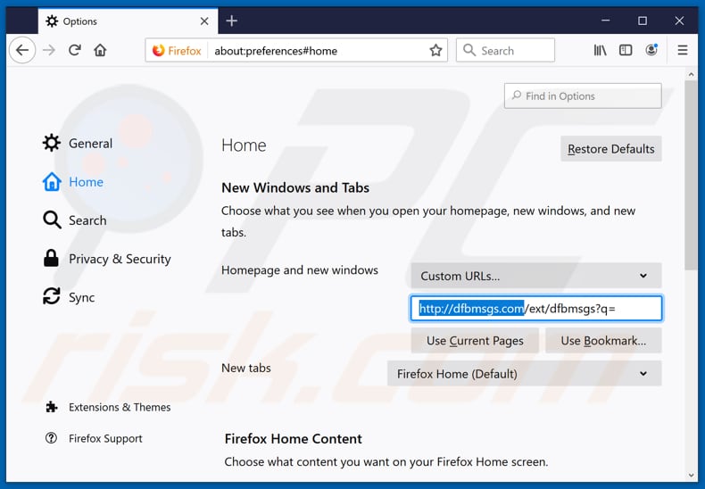 Removing dfbmsgs.com from Mozilla Firefox homepage