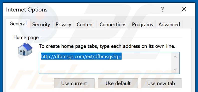 Removing dfbmsgs.com from Internet Explorer homepage