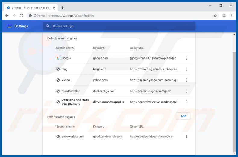 Removing search.hdirectionsandmapsplus.com from Google Chrome default search engine