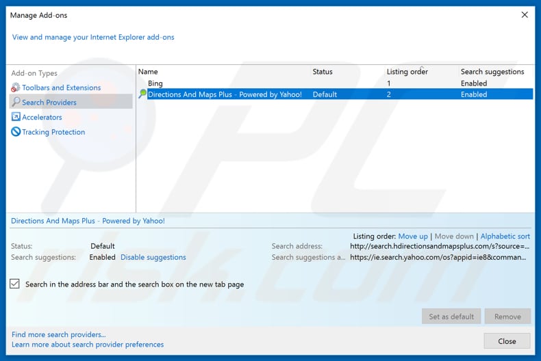 Removing search.hdirectionsandmapsplus.com from Internet Explorer default search engine